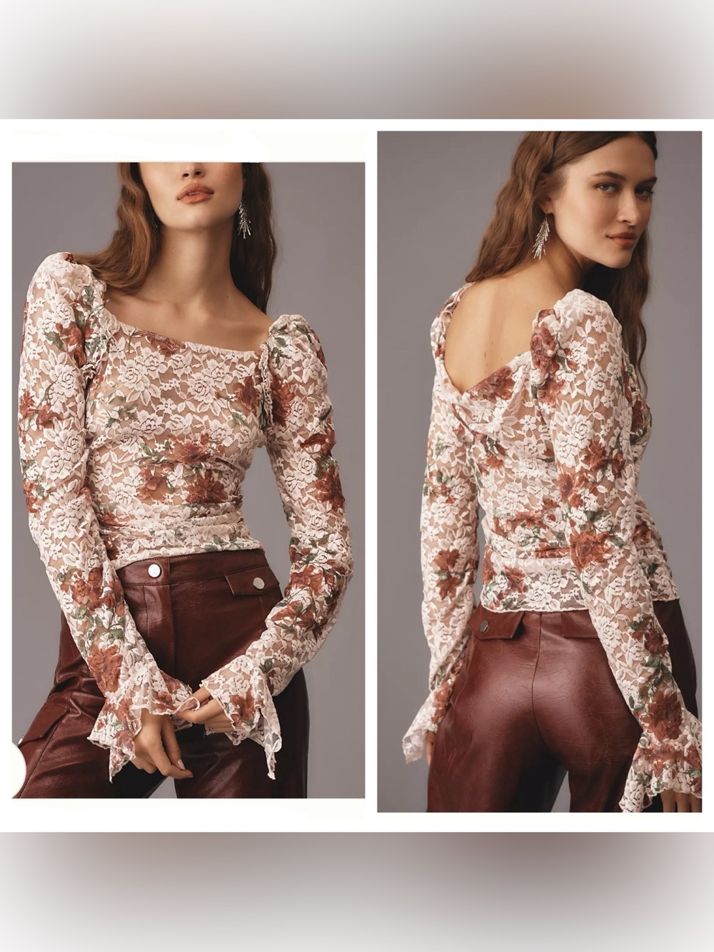 Anthropologie Puff-Shoulder Sheer Floral Lace Long Sleeve Top boho fall sz M